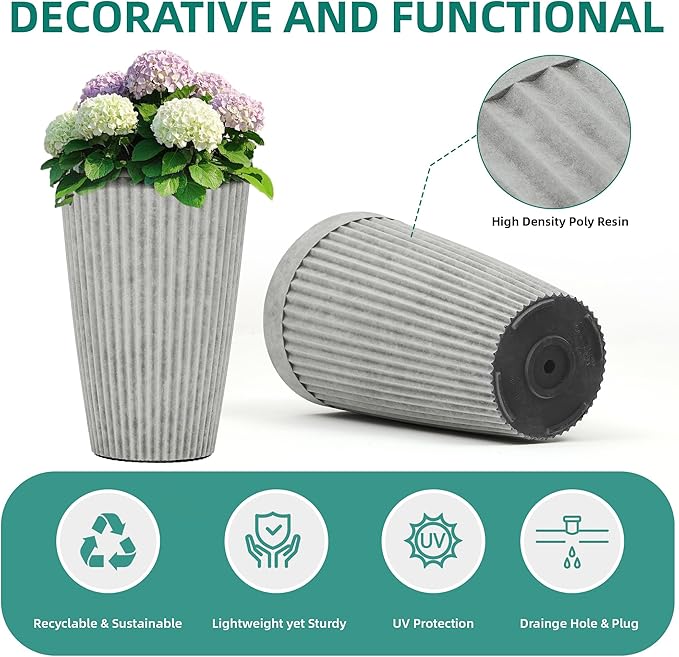 20" Resin Tall Planters for Outdoor Plants, Set of 2 Vintage Gray Large Flower Pots with Handmade Fluted Texture, Heavy-Duty and Weather-Resistant for Year Round Indoor Outdoor use-Ruum Studio Home