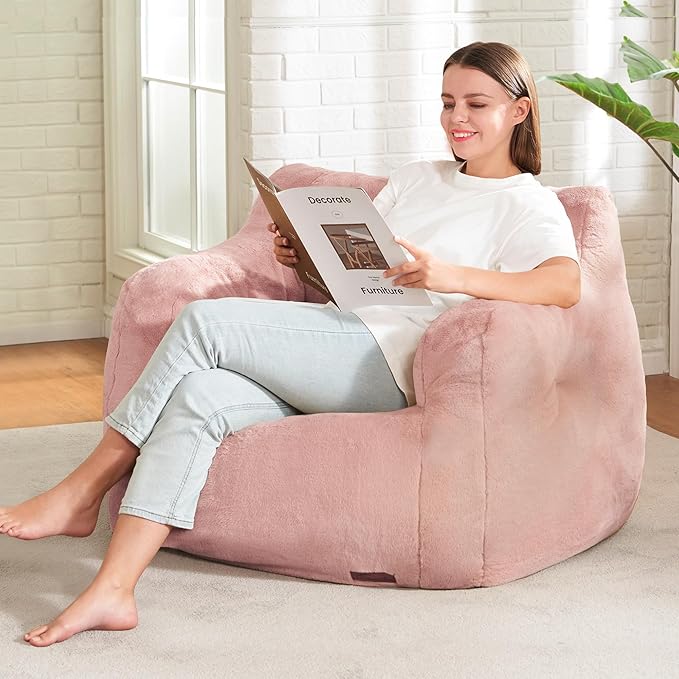 Hobestluk Bean Bag Chair for Adult Small Bean Bag Chairs with Arms Furry Beanbag Chair with Foam Filler Stuffed Bean Bag Sofa for Reading in Bedroom Living Room and Dorms(Pink)-Ruum Studio Home