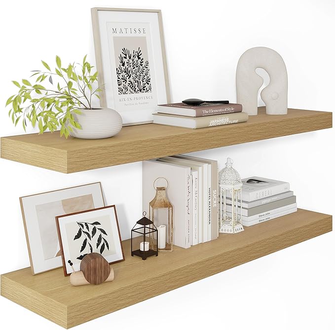 12 Inch Deep Floating Shelves 36 inch Long, 36 x 12 Wide Wall Shelves with Invisible Brackets, Heavy Duty Shelf for Bedroom Bathroom Living Room Kitchen Office Home Decor, Modern Shelf Set of 2, Oak-Ruum Studio Home