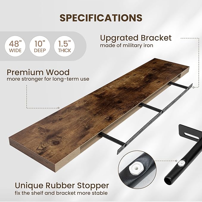 48 Inch Floating Shelves for Wall - 10 Inch Deep Fireplace Mantel Shelf - Wood Floating Shelves for Wall - Large Storage Shelves Wall Mount for Living Room & Bedroom - Rustic Brown - Set of 1-Ruum Studio Home