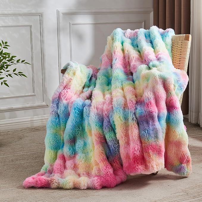 Lotus Karen King Size Faux Fur Blanket Rainbow - Big Bubble Rabbit Fluff Blanket for Bed, Large Fluffy Fuzzy Cozy Blanket, Thick Furry Plush Shaggy Blankets, 108x90 Inches-Ruum Studio Home