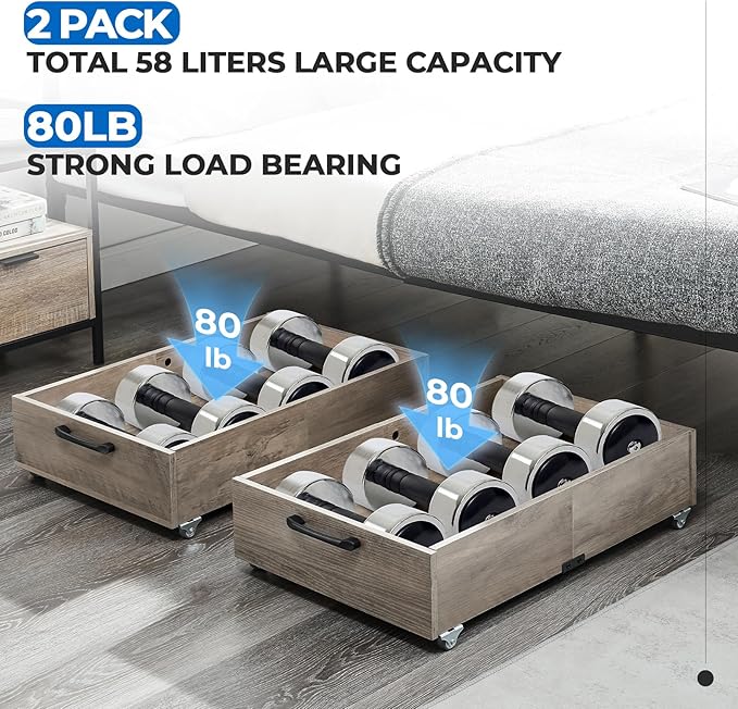Under Bed Storage with Wheels, 2-Pack Under Bed Shoe Storage Organizer Drawer, Composite Wood Organizer for Shoes Clothes Containers in Bedroom for Clothes,Shoes(Grey)-Ruum Studio Home