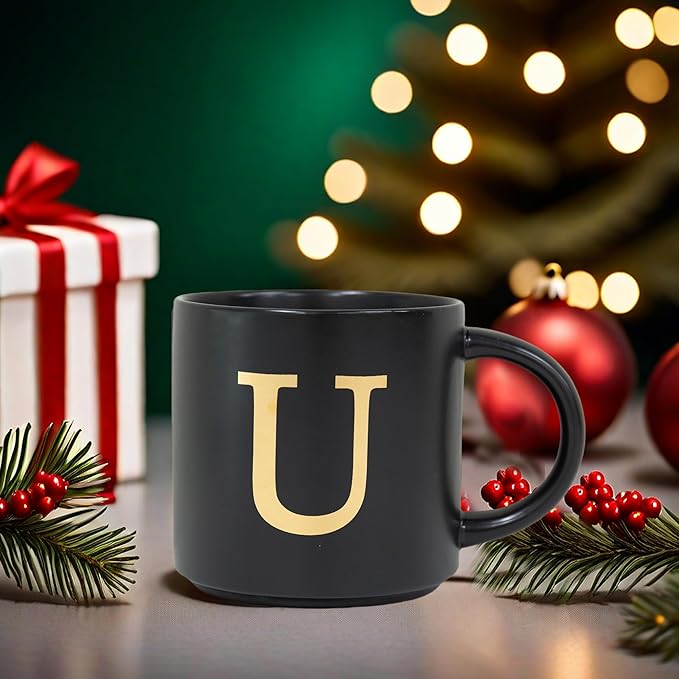 COLLECTIVE HOME - Monogram Ceramic Mugs, 15 oz Golden Initial Black Coffee Cups, Elegant Alphabet Tea Mugs, Elegant Personalized Mug with Gift Box, Unique Mug with Double Side Capital Lette (U)-Ruum Studio Home