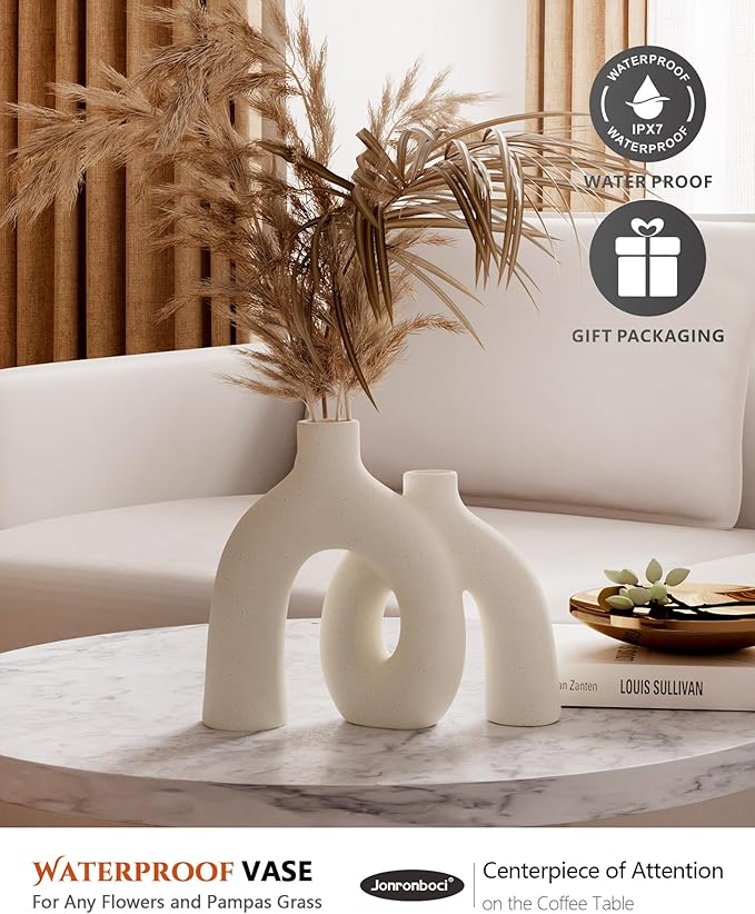 Hug Donut Decorative Vase Set - Modern Nordic Boho Style Vases Home Decor, Matte Ceramic Decorations for Living Room Shelf, Bookshelf Mantle Entryway Table or Console Décor (Cream White)-Ruum Studio Home