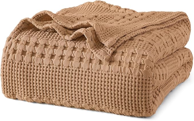 PHF 100% Cotton Waffle Weave Blanket Twin Size, Soft Lightweight Breathable Cozy Summer Blankets for Bed, Luxury Aesthetic Woven Bedding for Home Decor, 66"x90", Camel-Ruum Studio Home
