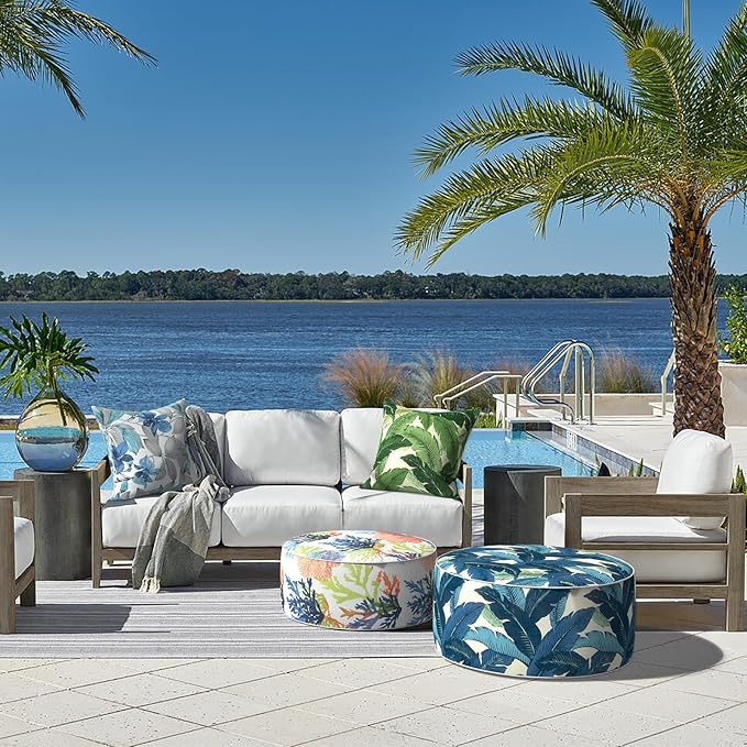 LVTXIII Outdoor Inflatable Ottoman, Patio Fade-Resistant Footrest Stool with Handle, Portable Round Ottoman Pouf for Patio Garden, Camping or Home Use, 21"x21"x9", Coral Multi-Ruum Studio Home