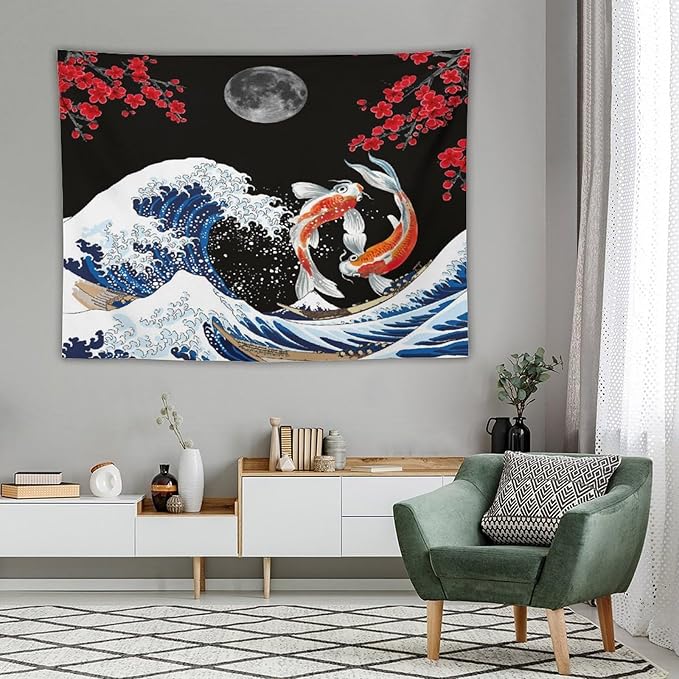 Houselerax Japanese Koi Fish Tapestry, Yin Yang Big Wave Red Cherry Blossom Tapestries Wall Hanging for Bedroom Living Room Office Decor 80"x60"-Ruum Studio Home