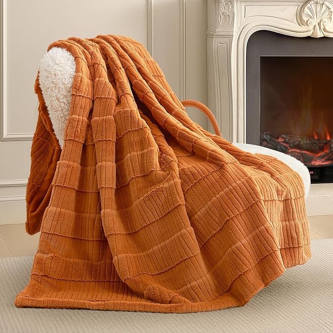 Amélie Home Luxury Striped Faux Fur Throw Blanket for Couch, Embossed Split Fur Cozy Fuzzy Fluffy Luxurious Soft Plush Sofa Chair Bed Gift Blankets for Women Men Wife Friend, 60"x80", Brown-Ruum Studio Home