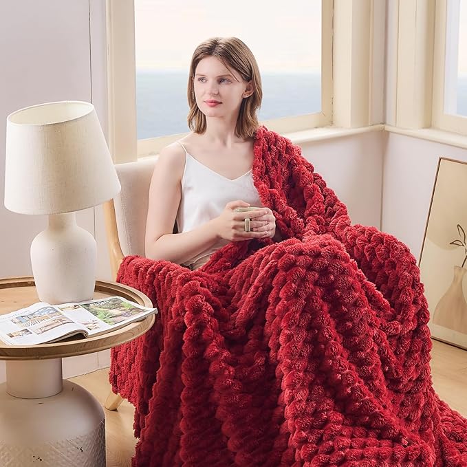 NEWCOSPLAY Super Soft King Blanket Red Premium Silky Flannel Fleece 3D Clouds Stylish Jacquard Lightweight Bed Blanket All Season Use 350GSM (Red, King(90"x110"))-Ruum Studio Home