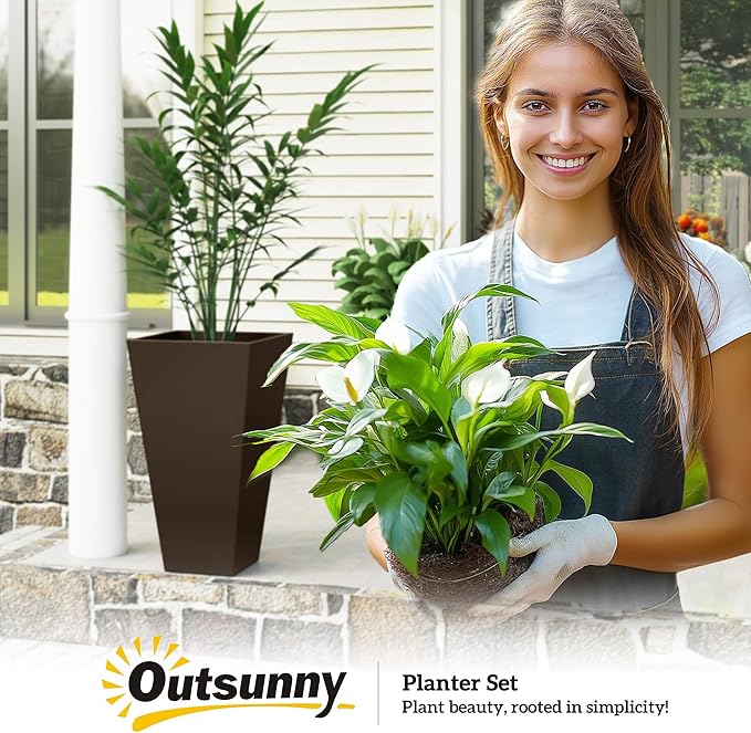 Outsunny Tall Planters for Outdoor Plants Set of 3, 28 in Taper Planters with Drainage Holes, Indoor Grande Plant Pots, Front Porch Decor, Brown-Ruum Studio Home