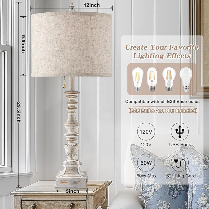 Set of 2 Farmhouse Table Lamps for Living Room, 29.5" Inch Tall Rustic Bedrooms Nightstand Table Lamp with USB-C & USB-A Charging + AC Outlet, Pull Chain Bedside Lamp for End Table, Antique White-Ruum Studio Home