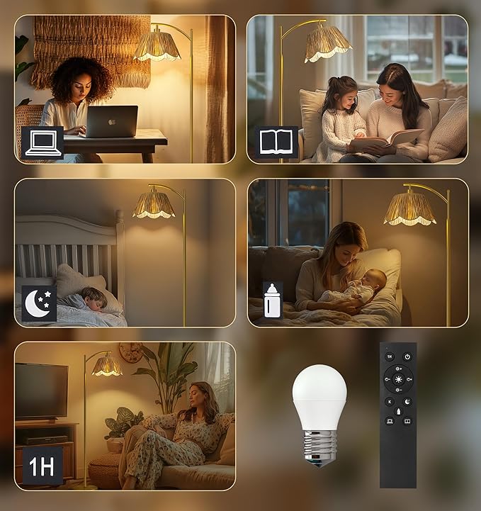 Oneach Boho Floor Lamp with 3 Color Temperatures, Farmhouse Floor Lamps for Living Room with Remote & Dimmable Bulb, Rattan Floor Lamp for Bedroom, Gold-Ruum Studio Home