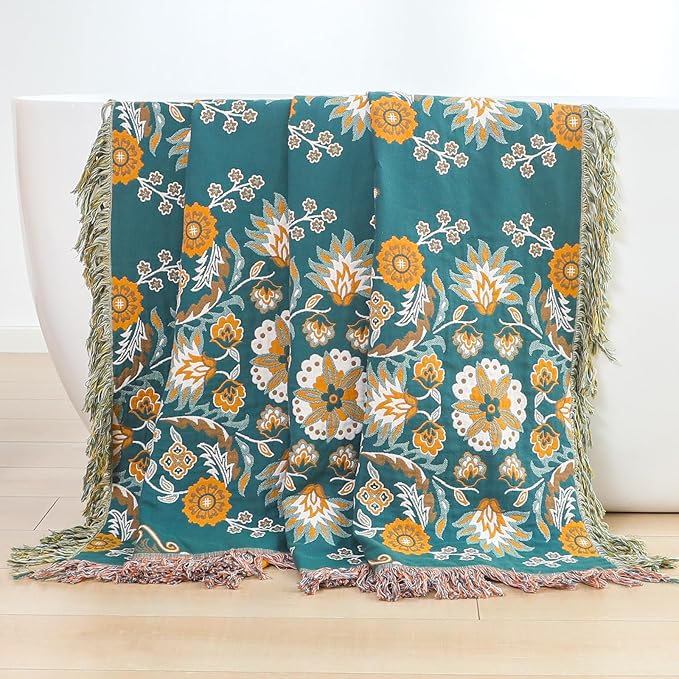 Boho Throw Blanket for Bed,100% Cotton Ultra Soft Lightweight Muslin 4-Layer Breathable Woven Throws 90''x 98'' Blanket Yellow Floral Printed Farmhouse Decor Bed Blankets-Ruum Studio Home