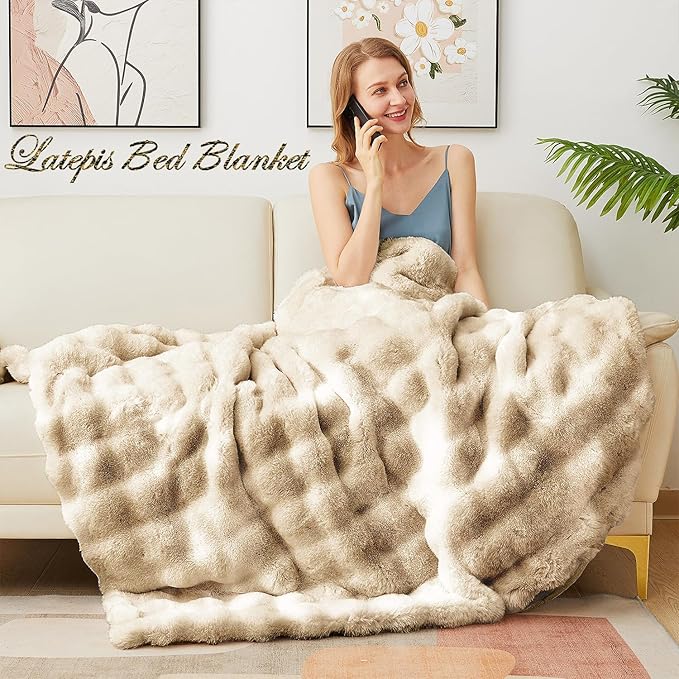 Latepis Soft Luxury Faux Fur Bubble Blanket, Thick Warm Cozy Throw Blanket for Couch, Plush Fluffy Blanket for Sofa and Bedroom Women Gift, 50” x 60”, Tie-dye Camel, 860GSM-Ruum Studio Home