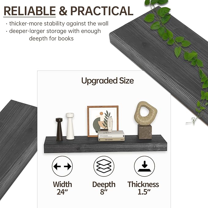 Floating Shelves for Wall, USA-Sourced Fir Wood 24 Inch Wall Shelves Set of 2, Natural Rustic Solid Wooden Floating Shelves Wall Mounted, Nursery Book Storage Shelf, Display Shelf for Bathroom-Ruum Studio Home