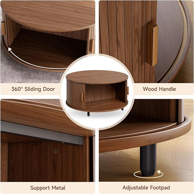 Round Coffee Table with Storage, 31.5" Modern Coffee Table with 360° Curved Sliding Door, Fluted Wood Accent Coffee Table with Adjustable Footpads, Round Center Table for Living Room, Walnut-Ruum Studio Home