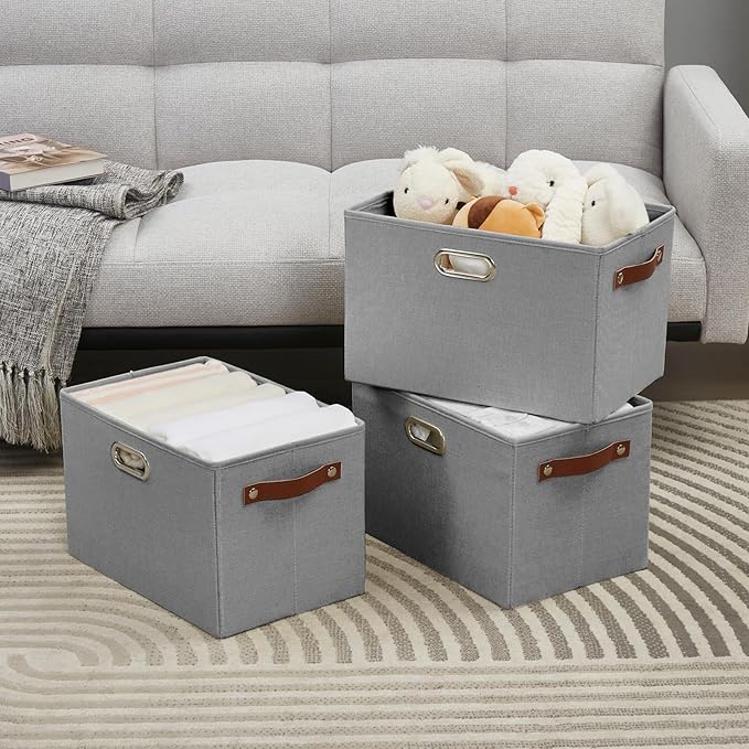 Large 3-Pack Foldable Fabric Storage Bins with Durable PU & Metal Handles, Collapsible Storage Baskets for Shelves, Home Storage, Closet Organizers, Living Room(14.9"x9.8"x9.8", Grey)-Ruum Studio Home