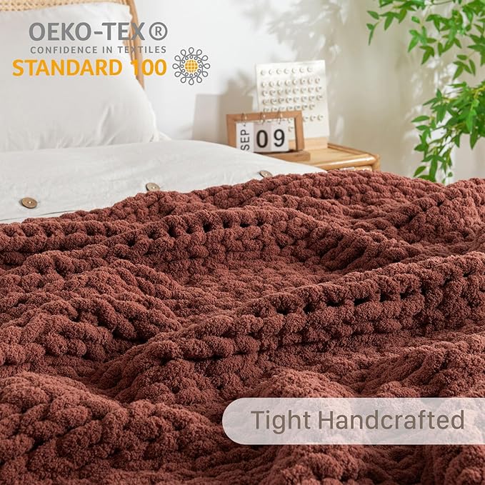 Chunky Knit Blanket Throw, 100% Hand Knit Throw Blanket Handmade Chenille Cable Knit Throw for Couch, Stylish Cozy Soft Rope Knot Crochet Blanket for Home Decor, Copper Brown, 60x80 Inches-Ruum Studio Home