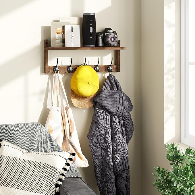 AMBIRD Wall Hooks with Shelf - Wooden Entryway Organizer with 5 Dual Hooks, Retro Wall-Mounted Coat Hook Rack for Bathroom, Living Room, Bedroom (17.12 Inch)-Ruum Studio Home