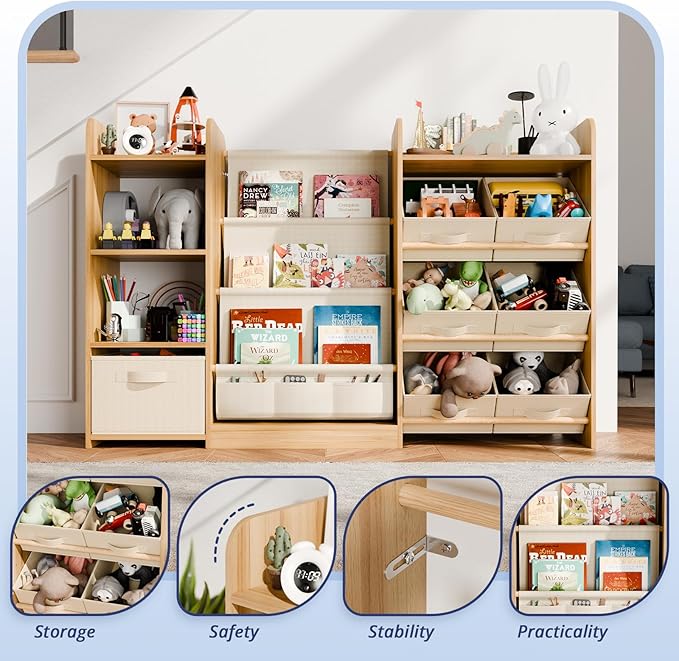Kids Toy Book Storage Organizer - Large Bookshelf with 7 Removable Bins, Baby Bookshelf and Toy Storage, 4-Tier Book Shelf for Kids Room, Playroom, Classroom, 51 inch, Burlywood-Ruum Studio Home