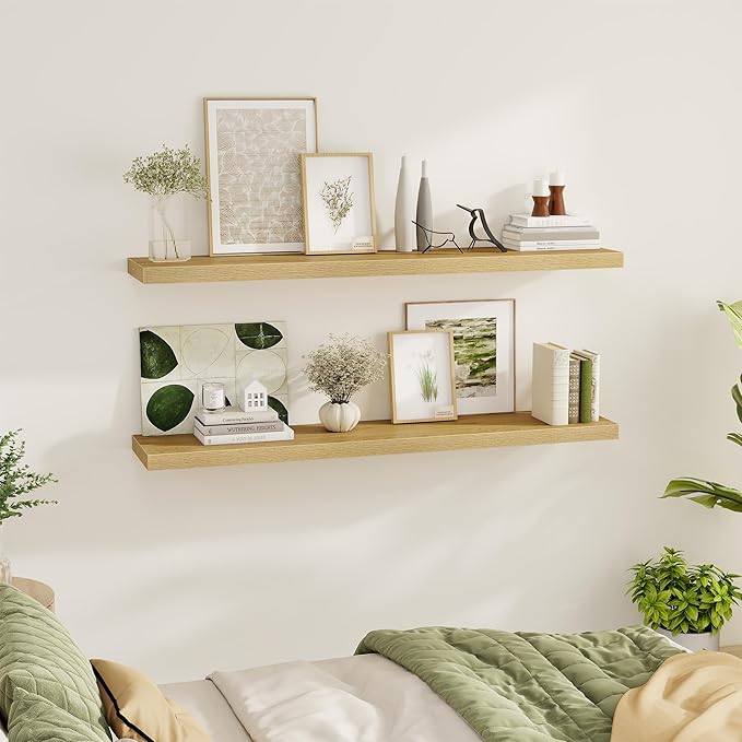 Fun Memories 55 Inch Floating Shelves for Wall 2 Pack Shelves for Bedroom|Kitchen|Bathroom 55 x 9.3 Inch Wood Floating Shelf with Invisible Brackets for Books|Storage|Decor, Oak-Ruum Studio Home