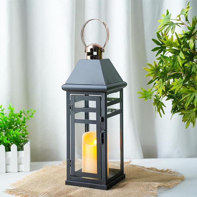 TRIROCKS Decorative Vintage Candle Lanterns 15.5" H Farmhouse Outdoor Hanging Lanterns with Tempered Glass for Porch, Balcony, Patio, Home, Centerpieces, Indoor, Outdoor(Black with Gold top)-Ruum Studio Home