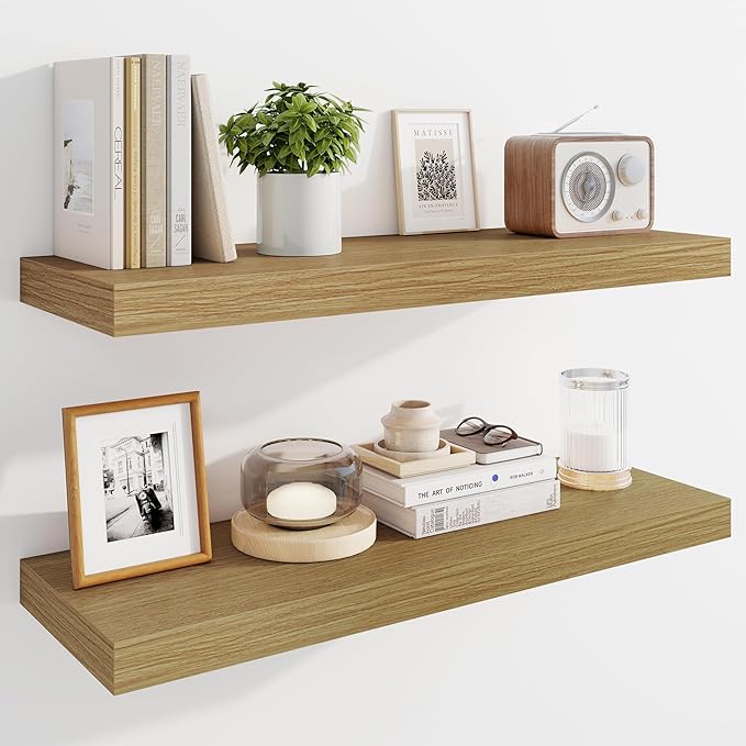 Marsmiles 30" Floating Shelves for Wall, Wooden Shelves with Invisible Brackets Set of 2, Rustic Farmhouse Wall Mounted Shelf for Kitchen Bathroom Living Room Study, Natural Oak-Ruum Studio Home