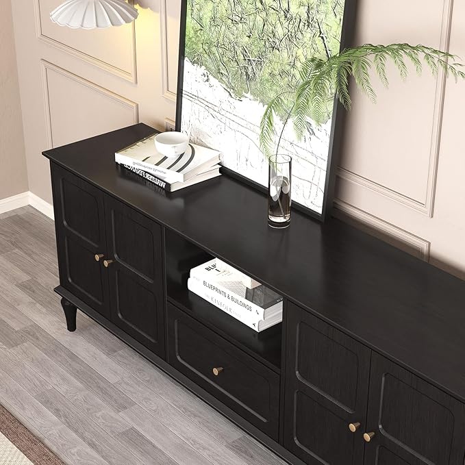 ARTPOWER 67'' Mid-Century Modern TV Stand with Storage Drawer and Doors, Long TV Stand with Adjustable Shelves for 75 Inch TV for Living Room, Bedroom, Black-Ruum Studio Home