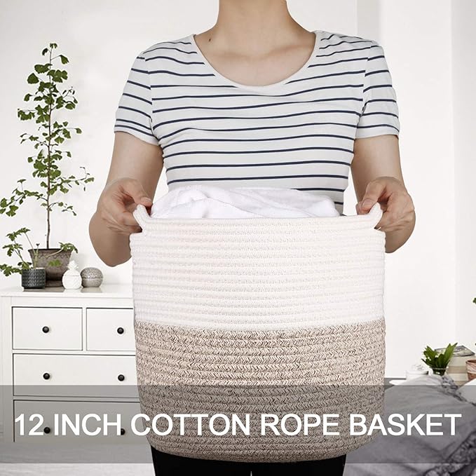 Woven Cotton Rope Plant Basket for 11 inch Flower Pot Floor Indoor Planters,Decorative Small Basket for Plants Storage Organizer Modern Home Decor (12" x 12", Khaki)-Ruum Studio Home