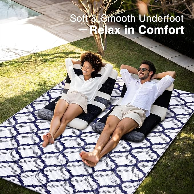 OLANLY Reversible Outdoor Rug 5x8 ft Clearance, Waterproof Outdoor Plastic Straw Rug with Interlacing Pattern, RV Mat for Patio, Camping, Balcony, Deck, Backyard, Navy & White-Ruum Studio Home
