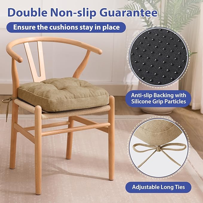 Chair Cushions for Dining Chairs, Dining Chair Cushions, Tufted Indoor Chair Pads with Ties & Non Slip Backing, Seat Cushions for Kitchen Chairs 16.5” x 16.5” x 3.5”, Set of 6, Khaki-Ruum Studio Home