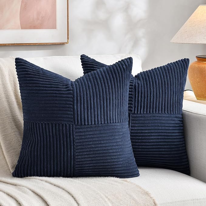 Fancy Homi 2 Packs Navy Blue Decorative Throw Pillow Covers 20x20 Inch for Living Room Couch Bed Sofa, Rustic Farmhouse Boho Home Decor, Soft Corss Corduroy Patchwork Accent Cushion Case 50x50 cm-Ruum Studio Home
