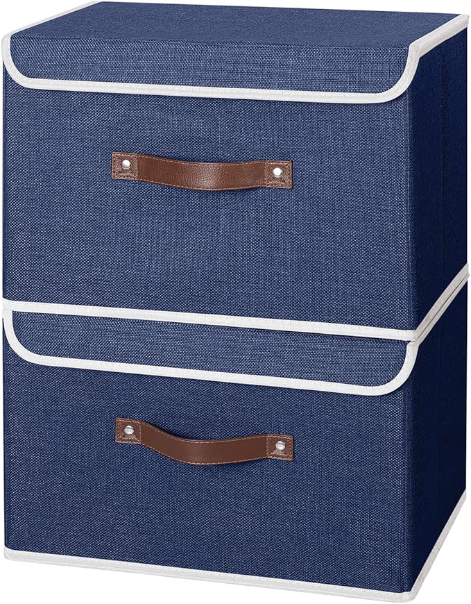 ANMINY 2PCS Storage Bins with Lid PU Leather Handles Storage Boxes PP Plastic Board Decorative Foldable Lidded Cotton Linen Fabric Home Cubes Baskets Closet Organizer Containers - Blue, Large Size-Ruum Studio Home