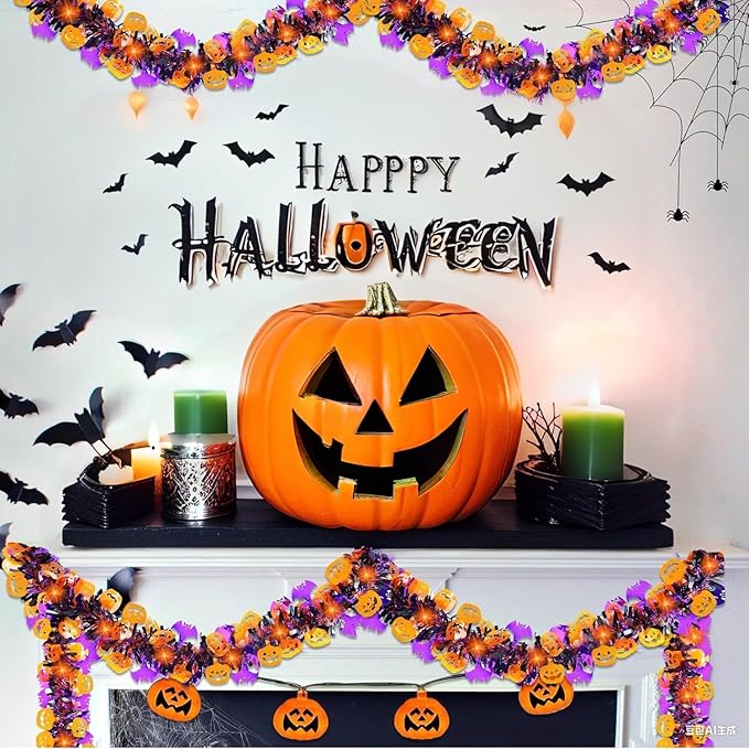 50 Ft Halloween Tinsel Garlands,Funny Pumpkin Purple Bats Shiny Metallic Twist Foil Tinsel Garland Hanging Holiday Decorations for Home Indoor Outdoor Festivities Party Decor-Ruum Studio Home