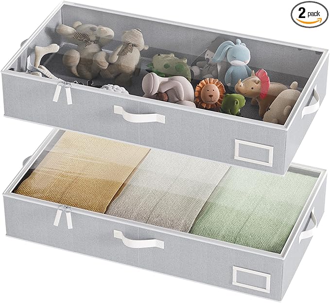 Under Bed Storage Containers, 2-Pack Underbed Storage Box, Collapsible Clothes Storage Bins with Handles and Lid, Large Under Bed Organizers for Shoe, Blanket, Toy, Pillow, Sheet, Gray-Ruum Studio Home