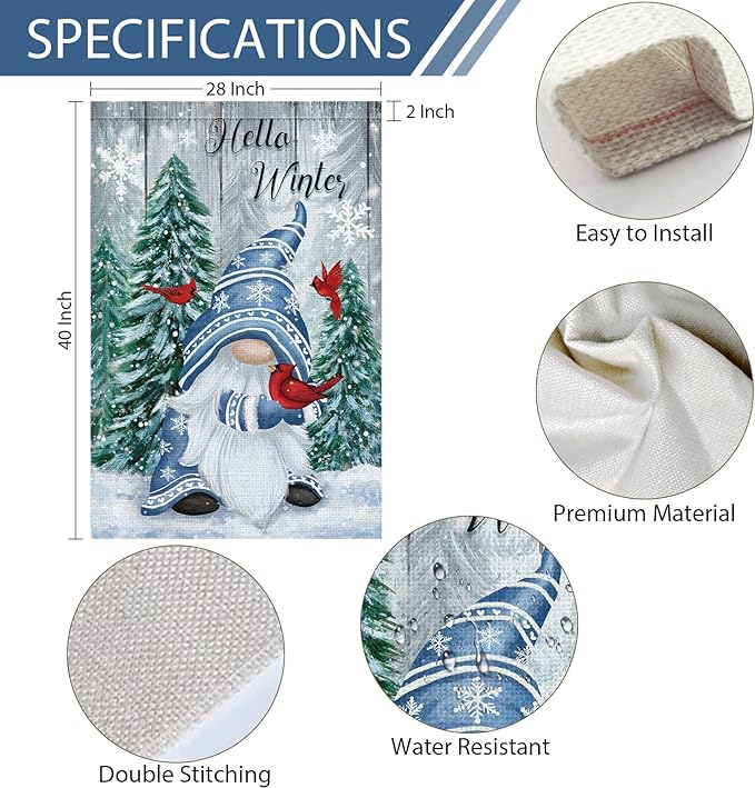 Heyfibro Hello Winter Gnome Garden Flag 28x40 Double Sided Burlap Cardinals Snowflakes Snow Yard Banner for Christmas Seasonal Outside Outdoor House Decoration (ONLY FLAG)-Ruum Studio Home
