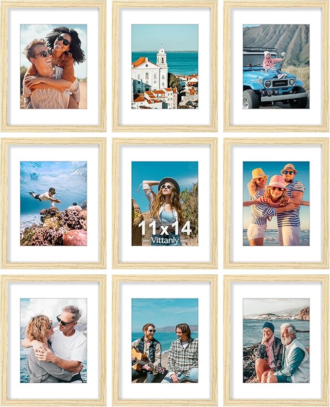 Vittanly 11x14 Picture Frames Set of 9, Shatter Resistant Plexiglass, Display 8x10 Pictures with Mat or 11x14 without Mat, Photo Frames for Wall or Tabletop, Engineered Wood, OAK-Ruum Studio Home