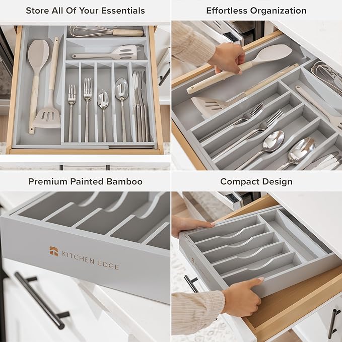 Premium Silverware, Flatware and Utensil Organizer for Kitchen Drawers, Food-Safe Contract Grade, Expandable from 10.5 to 19 In, Gray Bamboo-Ruum Studio Home