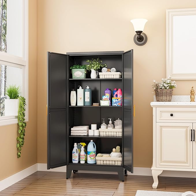 Metal Pantry Cabinet with 2 Doors and Adjustable Shelves, Kitchen Storage cabinets with Gold Handles, Versatile Storage for Laundry Room,Living Room,Bathroom,Dinning Room-Black-Ruum Studio Home
