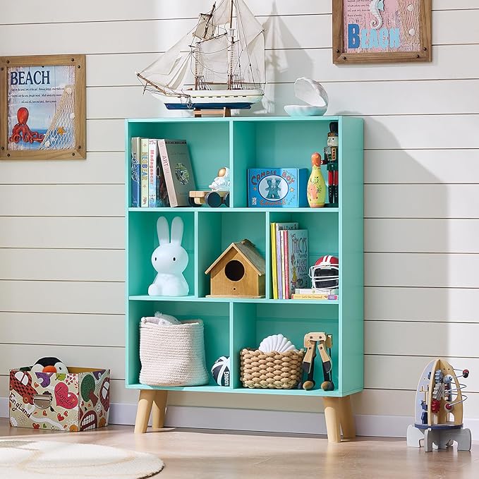 LEYAOYAO 7 Cube Bookshelf 3-Tier Bookcase with Legs, Mint-Green Kids Book Shelf Cute Storage Organizer, Toy Shelves Bookshelves,Wood Display Bookcases-Ruum Studio Home
