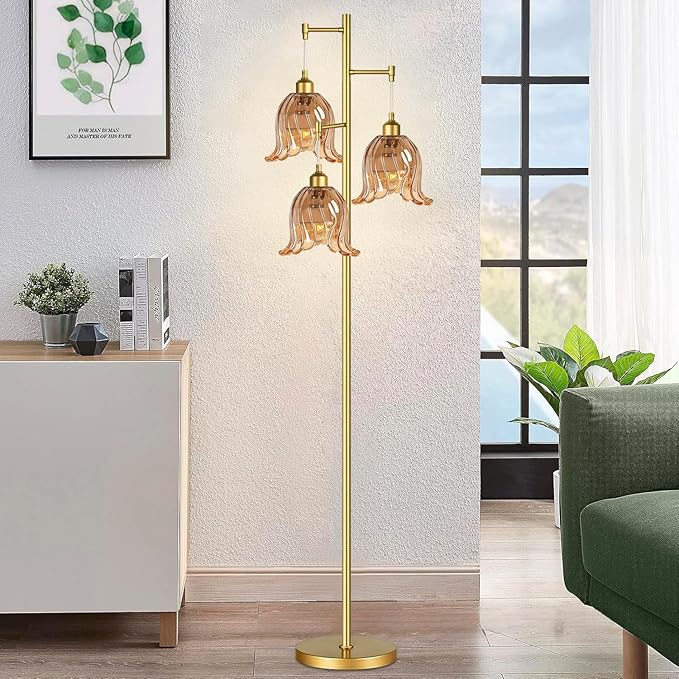Gold Floor Lamp for Living Room,Bedroom,Tree 3 Light Standing Lamp Mid Century Modern Brass Tall Floor Lamps Vintage Retro Floor Lights Glass Flower Amber Lamp Shade Farmhouse Boho Bohemian-Ruum Studio Home