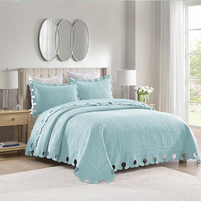 MarCielo 3-Piece 100% Cotton Oversized Bedspread Lightweight Quilt Coverlet Embroidery Farmhouse Bedding Set (TW Mint Green Blue, Oversized King (118"x106"))-Ruum Studio Home