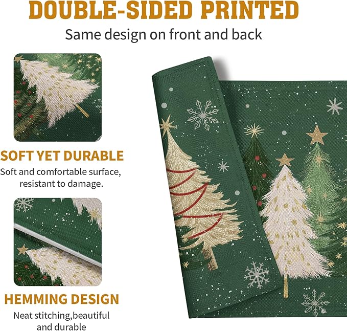 Green Christmas Tree Placemats Set of 4, 12x18 Inch Xmas Trees Snowflakes Winter Holiday Place Mats Seasonal Washable Linen Table Mats for Indoor Outdoor Kitchen Dining Party Décor-Ruum Studio Home