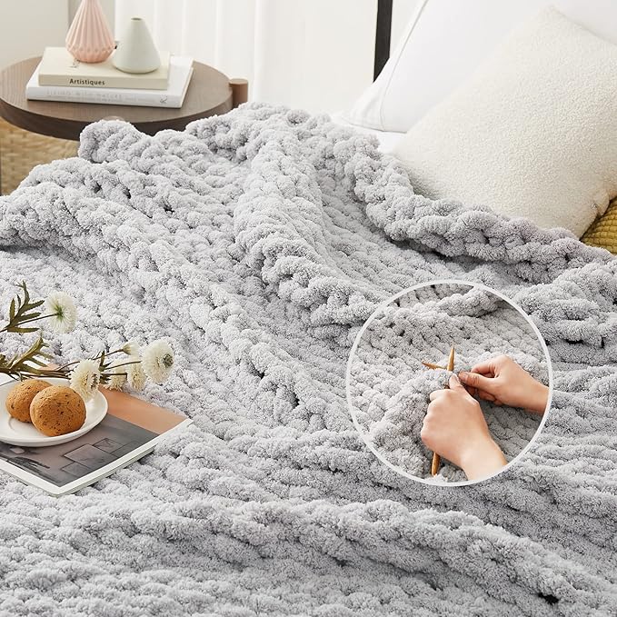 L'AGRATY Chunky Knit Blanket Throw - Soft Chunky Throw Blanket 50''x60'': 100% Hand Kintted Chenile Crochet Throw Blanket for Couch - Large Cable Knit Chunky Blanket for Home Decor(Grey)-Ruum Studio Home