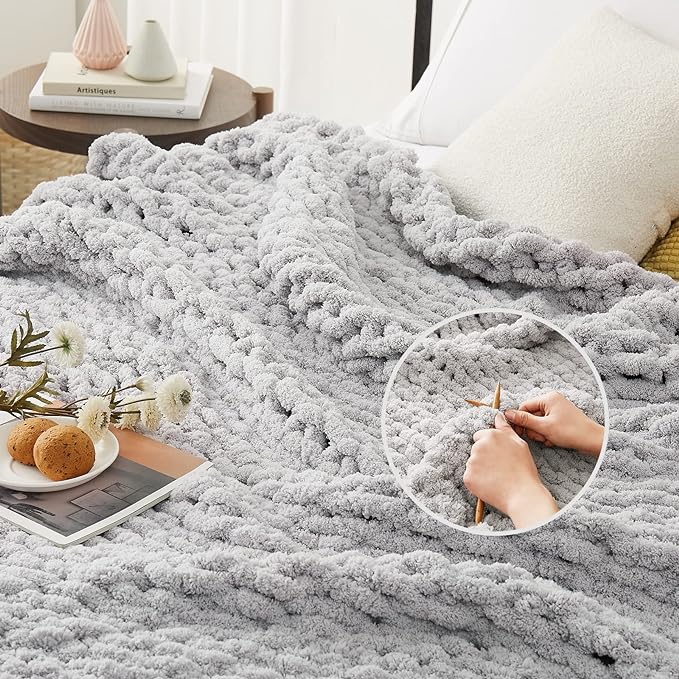 L'AGRATY Chunky Knit Blanket Throw - Soft Chenille Yarn Throw Blanket 60x80: Handmade Thick Cable Knit Crochet Blanket - Large Knit Blanket Chunky Rope Knot Throw Blanket for Couch Sofa Bed Home Decor-Ruum Studio Home
