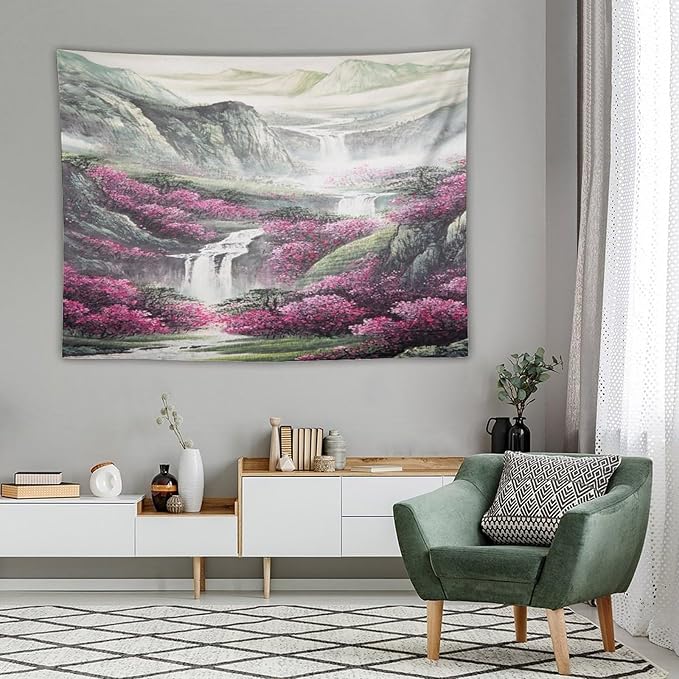 Japanese Tapestry, Red Plum Blossom Mountain Tapestry, Asian Japanese Wall Tapestry, Nature Landscape Tapestries for Bedroom Living Room Decor 80"x60"-Ruum Studio Home