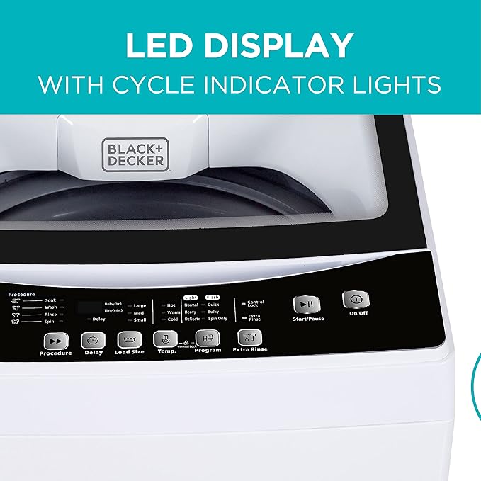 BLACK+DECKER 3.0 Cu. Ft. Portable Washer, 26.5 lb. Capacity Washing Machine, 6 Cycles, Quick Connect Sink Adapter and Drain Hose Included, Transparent Lid & LED Display, BPW30MW, White-Ruum Studio Home