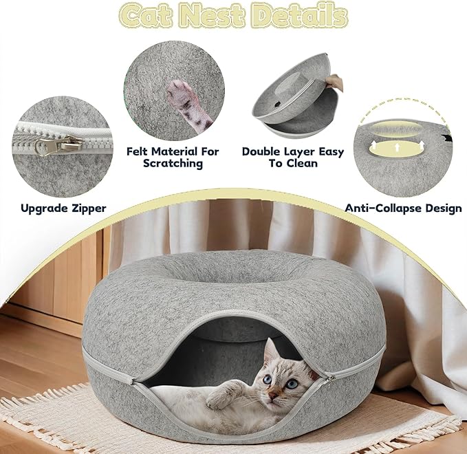 Donut Cat Tunnel Bed Peekaboo Cat Cave for Large Cats Up to 30 Lbs, Kitty Interactive Playing Tent House for Multiple Cats,Detachable,Scratch Resistant (Light Gray, Medium - 20 Inch Diameter)-Ruum Studio Home