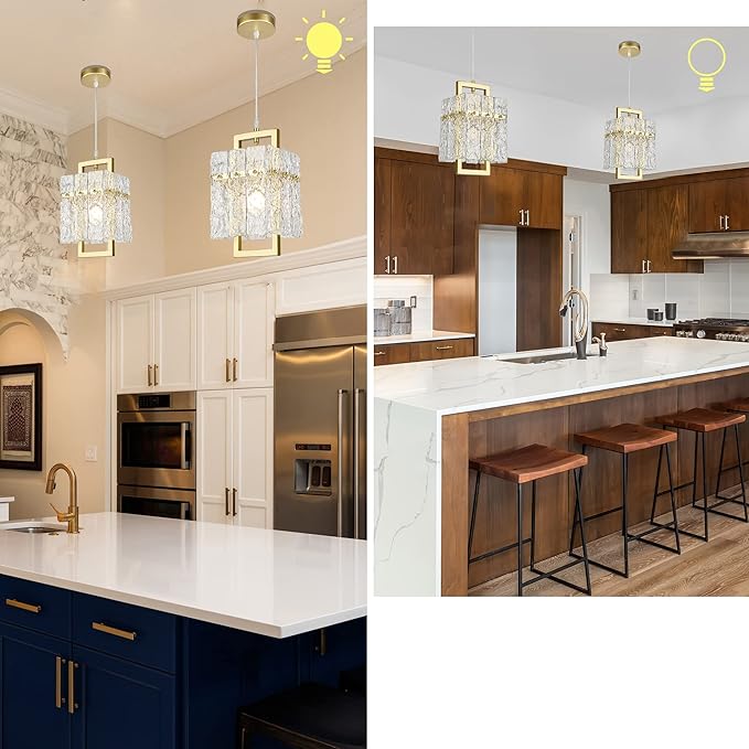 IKK Gold Crystal Pendant Light for Kitchen Island, Luxury Water Ripple Glass Chandelier Lights Fixture, Modern Elegant Adjustable Pendant Lighting for Dining Room Bedroom, E12 Bulb, L6.5'' x H11.8''-Ruum Studio Home