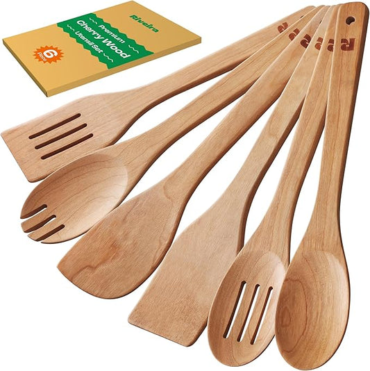 Riveira Cherry Wooden Spoons for Cooking Set of 6 – Natural Cherry Wooden Cooking Utensils, Wooden Spatula, Wooden Spoon - Premium Quality Wooden Utensil Set for Non-Toxic Cooking-Ruum Studio Home